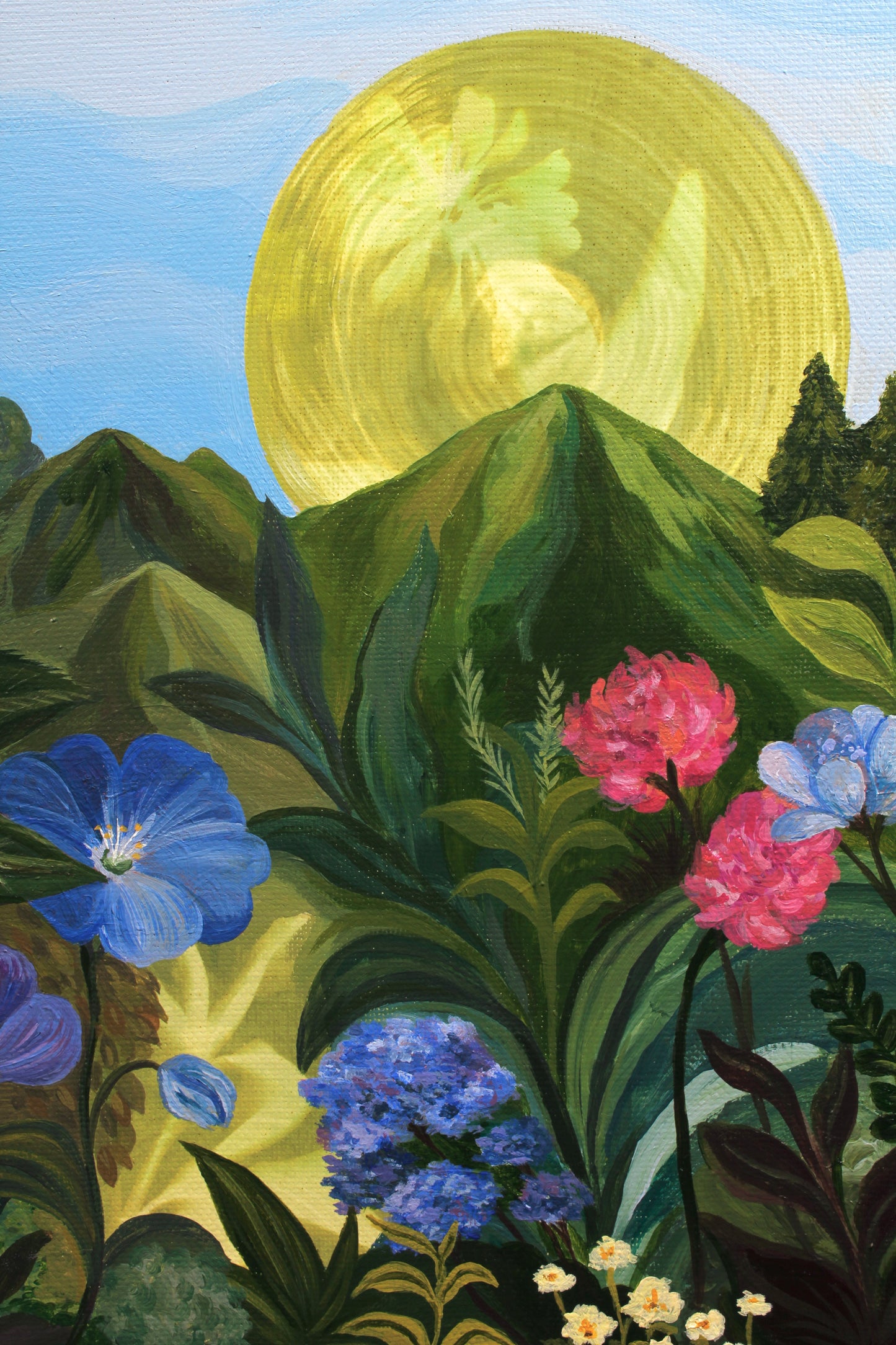 Zoomed in image of original artwork featuring a sunlit garden with flowers and trees.