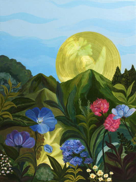 Original artwork of a sunlit garden with flowers and trees.