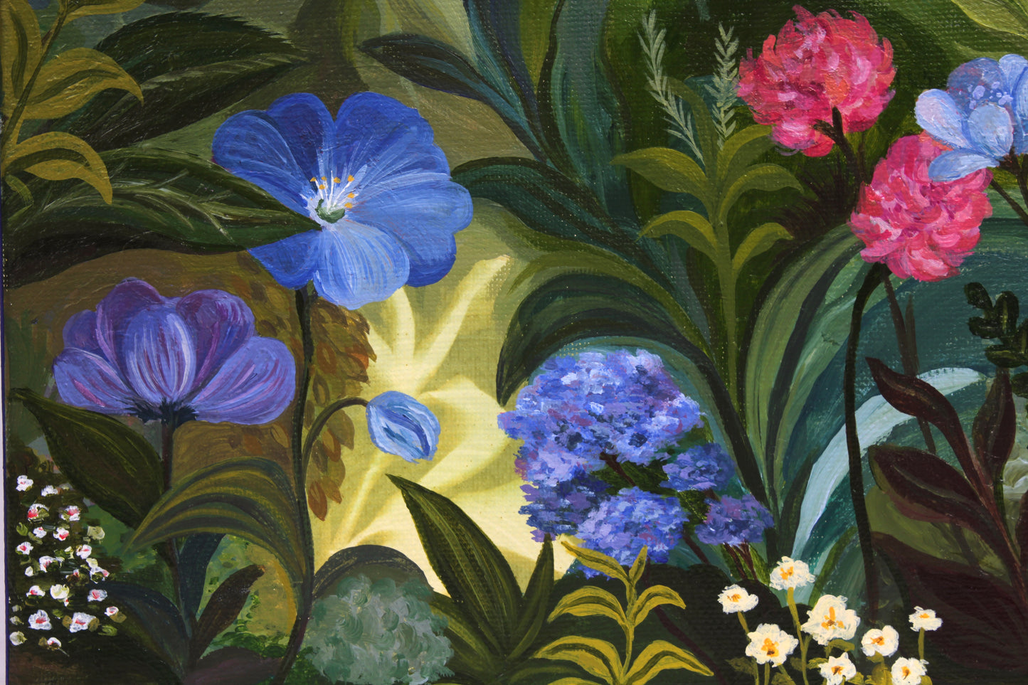 zoomed in section of painting showing dense florals and foliage