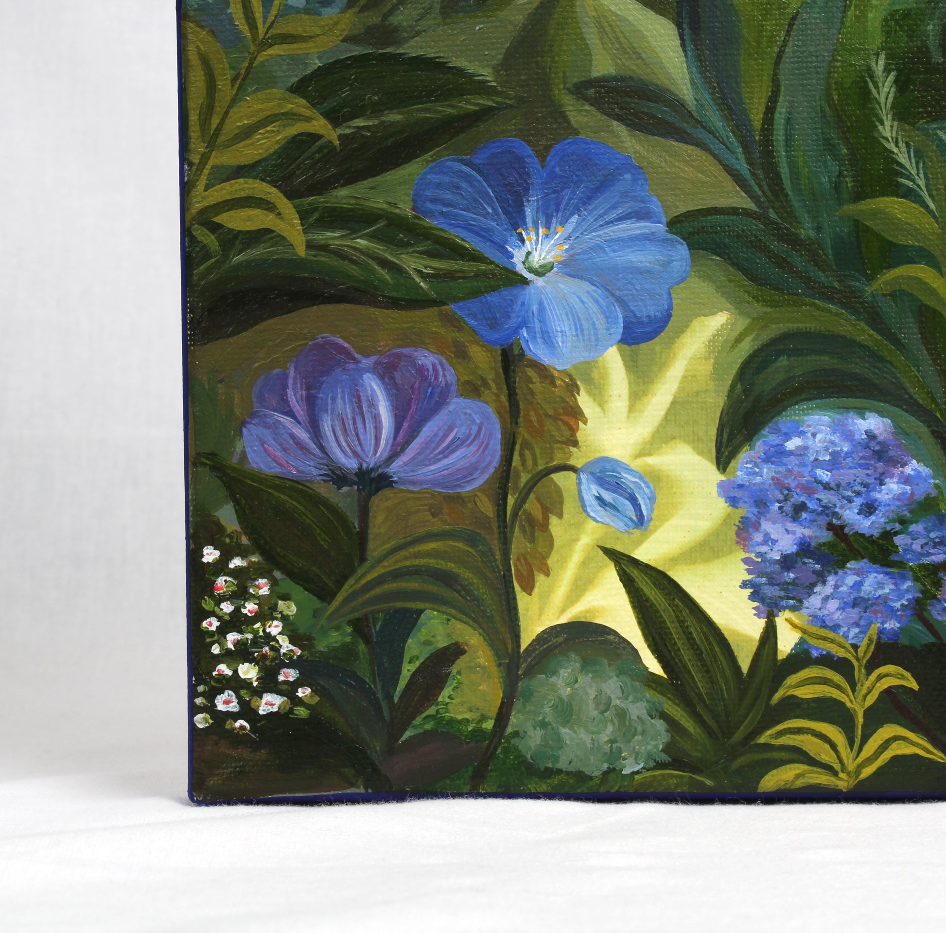 Zoomed in section of the painting featuring blue and purple flowers.
