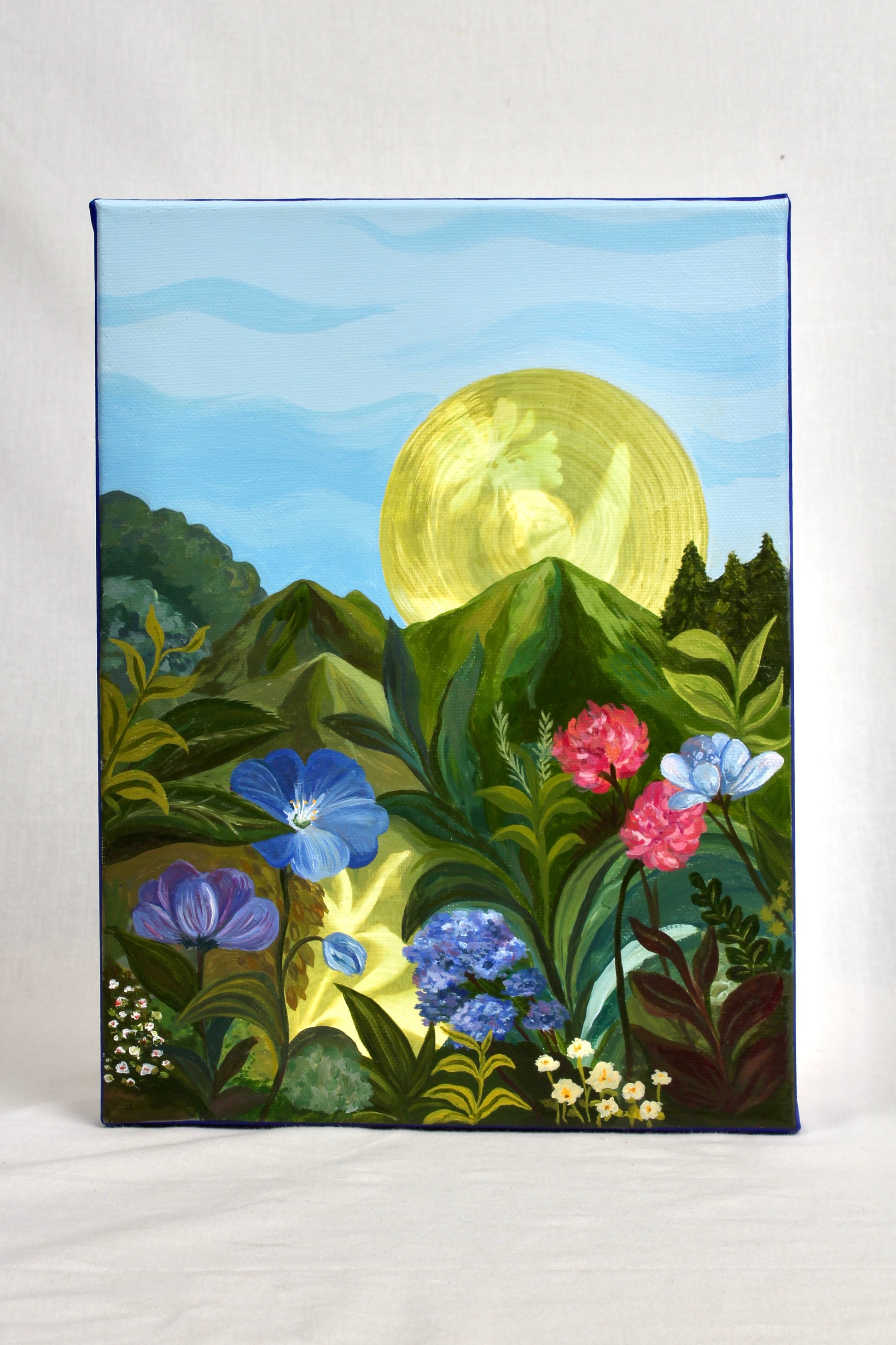 Original artwork of a sunlit garden with flowers and trees.